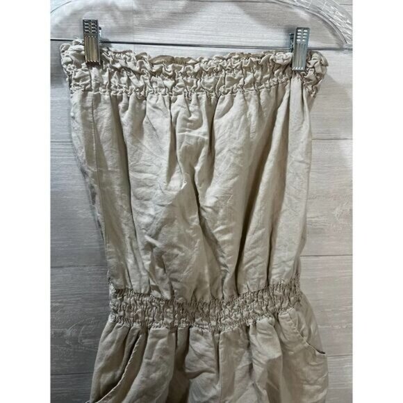 Beige Strapless Romper With Smocked Waist & Pockets Size S Lightweight Cotton Bl - Picture 3 of 7